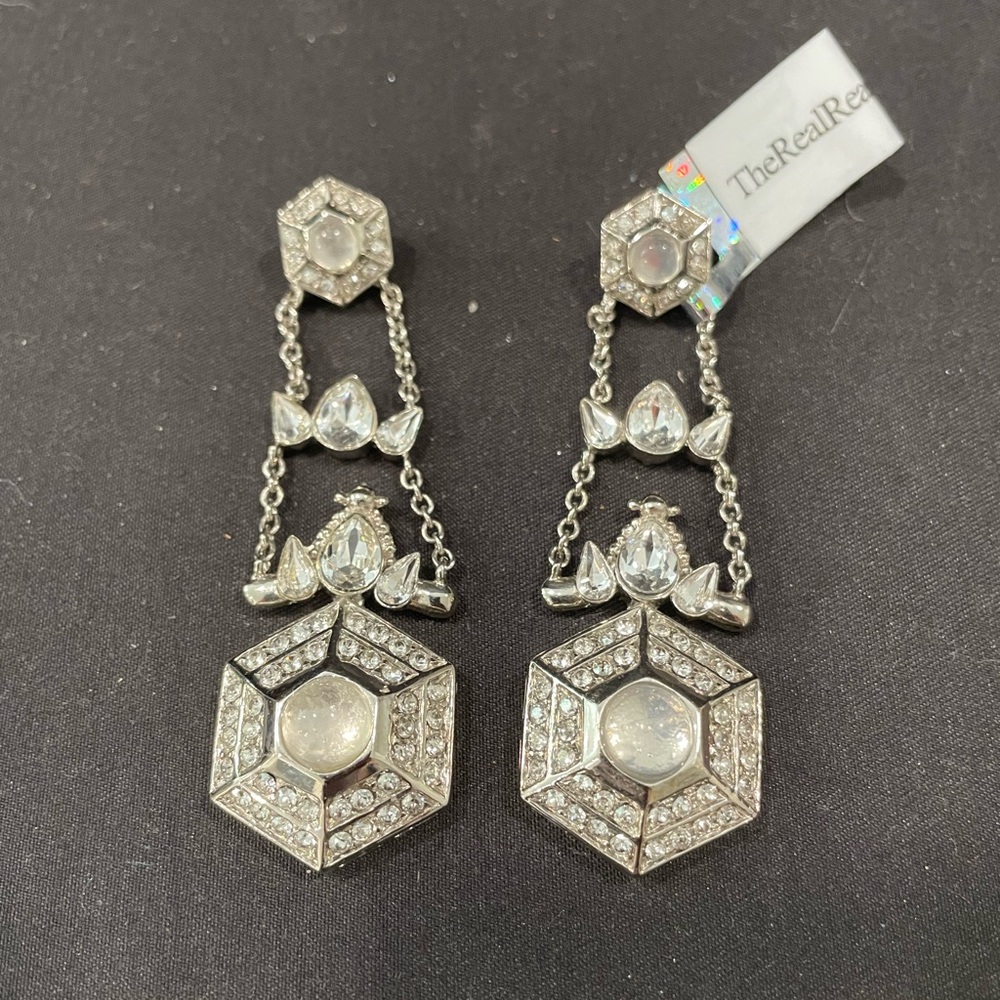 Roberto Cavalli Silver and Crystal Art Deco Geometric Drop Earrings